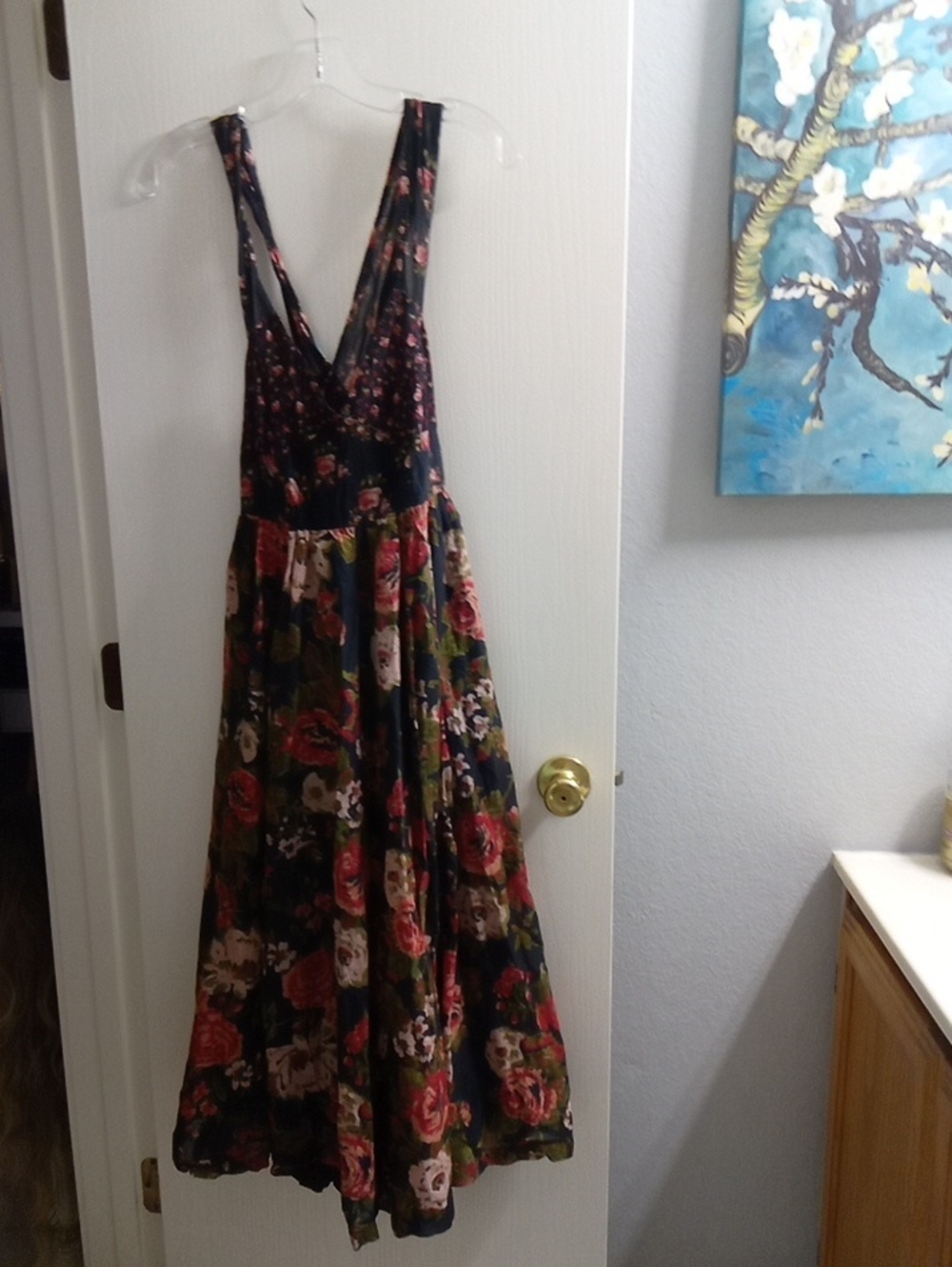 Free People Black Floral Midi Dress with Red and Green Accents